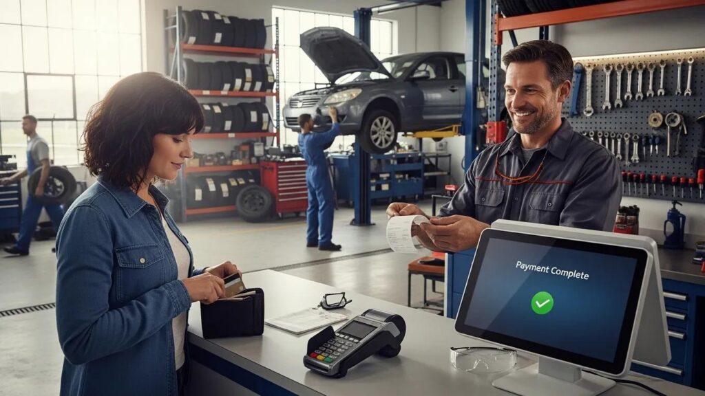 Auto repair shop with a customer making a payment, highlighting integrated payment solutions