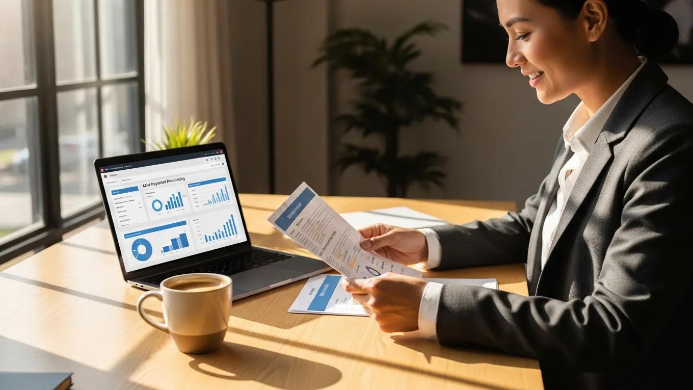 Business owner reviewing ACH payment processing benefits in a cozy office setting
