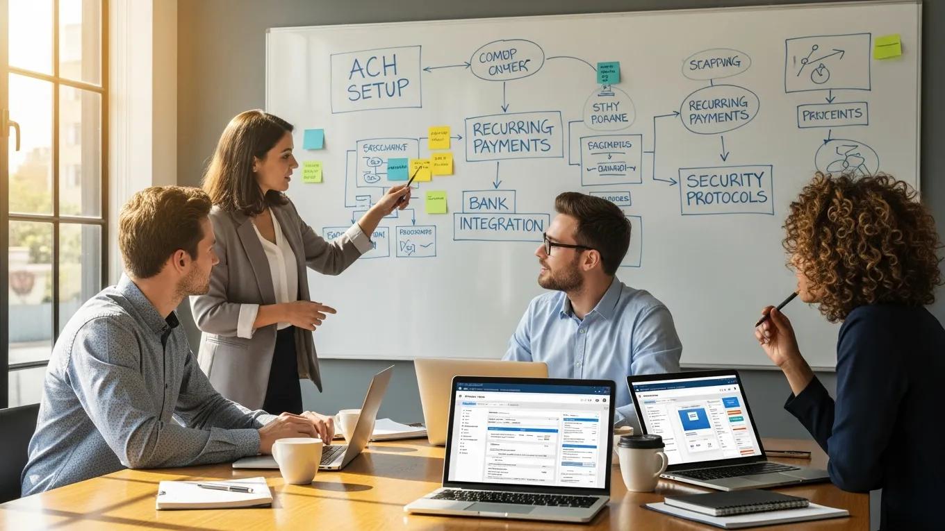 Business team discussing the setup of recurring ACH payments in a collaborative meeting