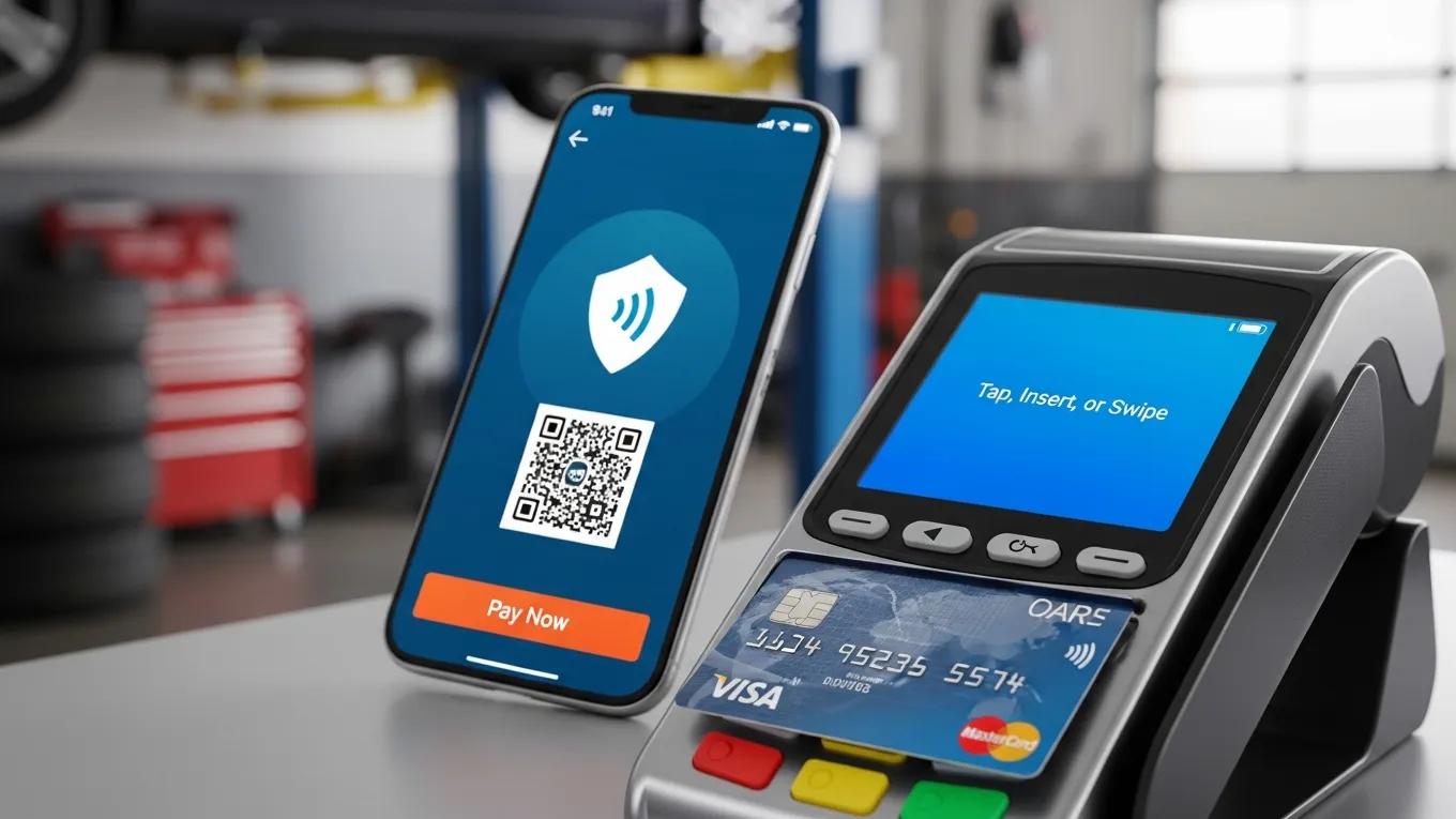 Close-up of secure payment methods in an auto repair shop, including contactless and mobile payments
