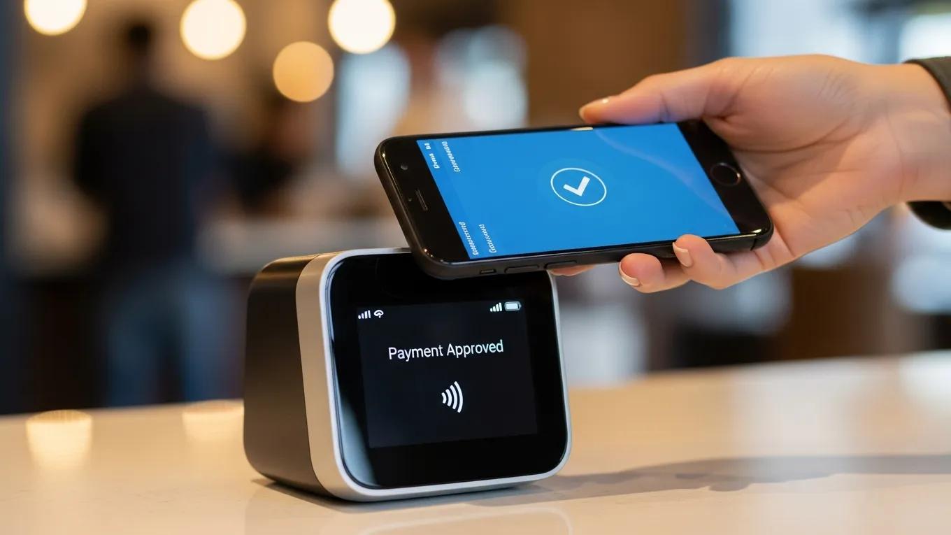 Customer making a contactless payment with a smartphone on a wireless card reader
