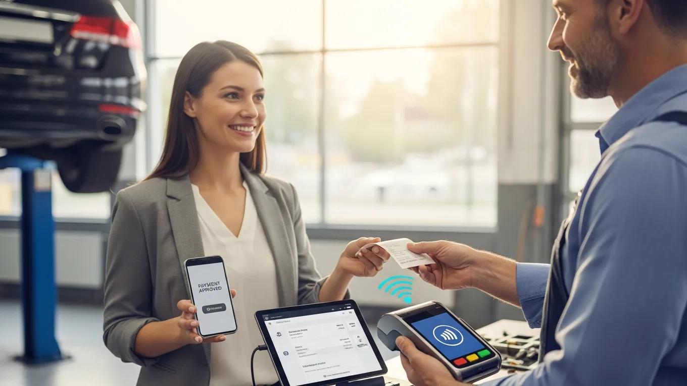 Customer satisfaction in an auto repair shop after a quick payment process, showcasing integrated payment benefits