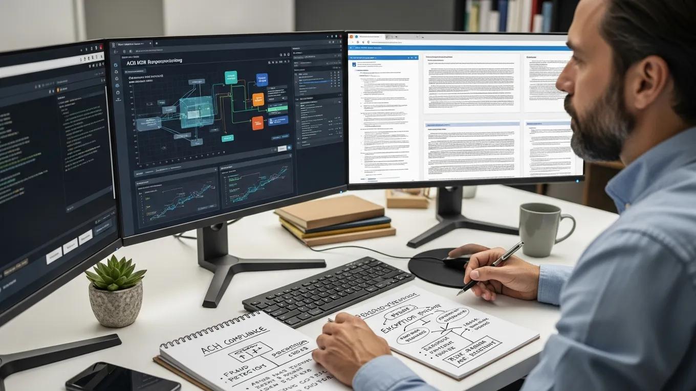 Cybersecurity expert analyzing ACH payment security measures on multiple screens