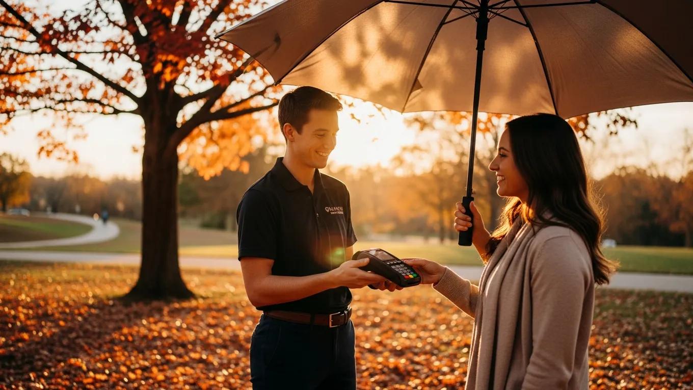 Field sales representative using a mobile credit card terminal outdoors, enhancing customer experience
