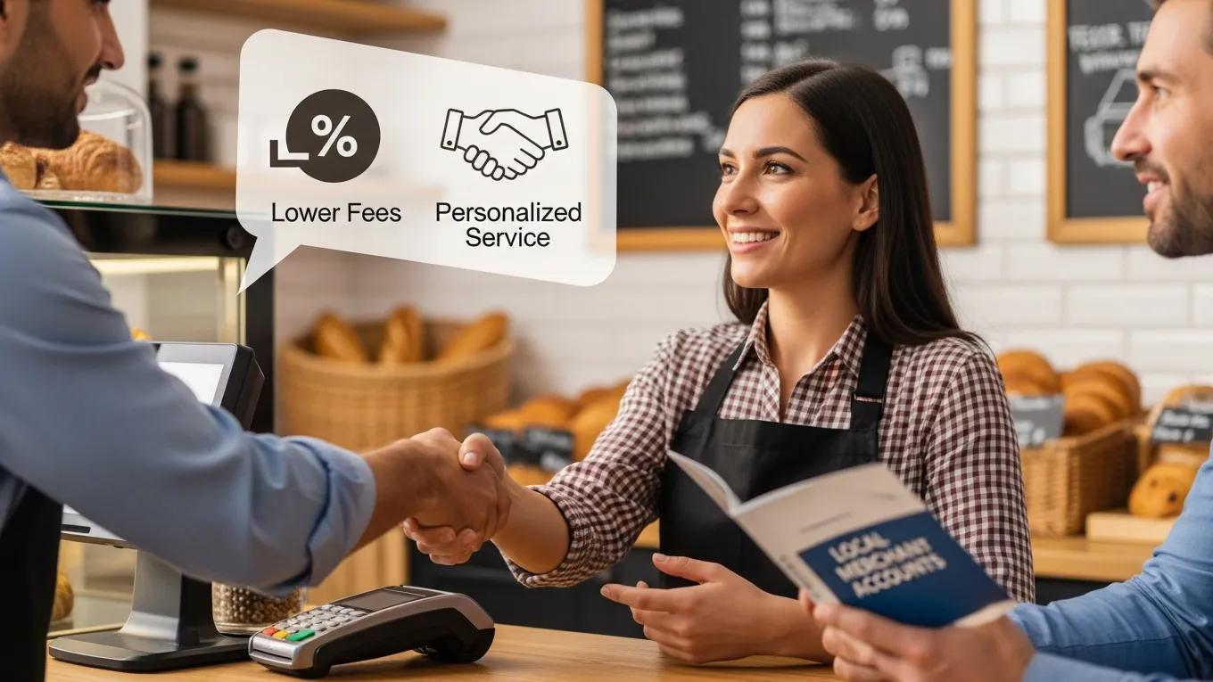 Small business owner consulting with a local provider about merchant account benefits