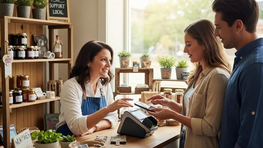 Tennessee business owner assisting customers with secure payment processing at a local shop