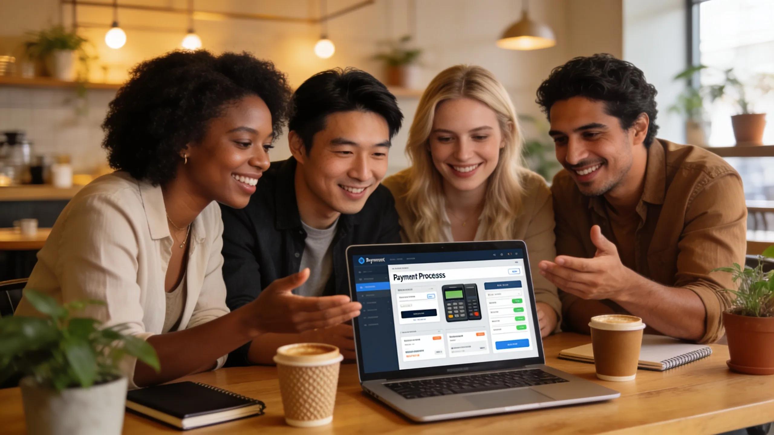 Business owners collaborating in a cozy caf&eacute;, discussing credit card processing options in a modern setting