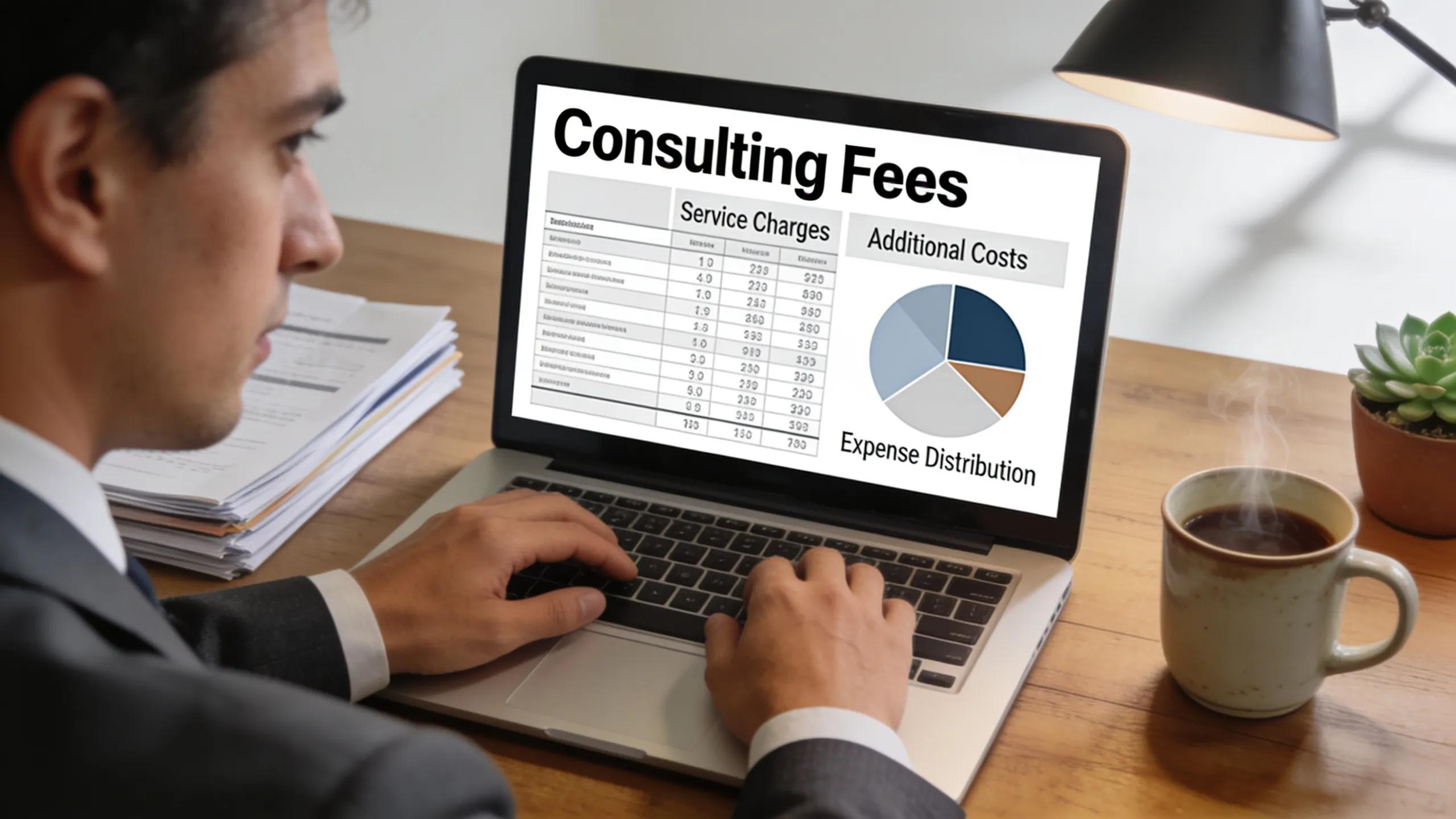 Business person reviewing transparent transaction fees on a laptop in a bright office