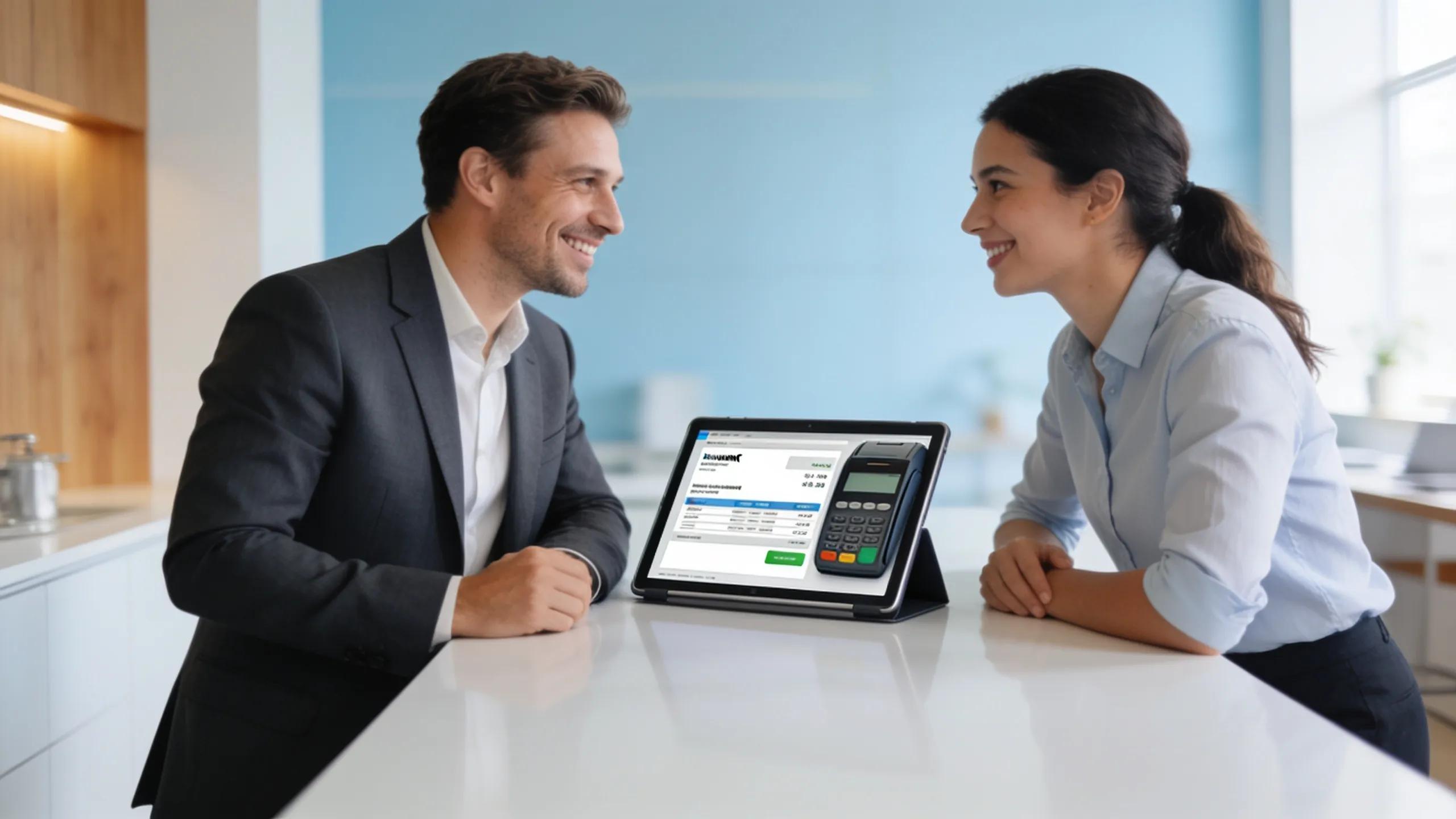 Business owner engaging with a service representative, representing clear communication in transparent payment processing