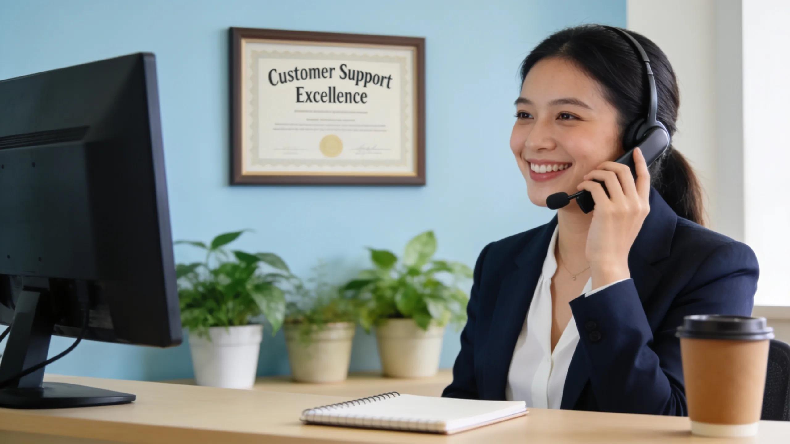 Customer service representative assisting a client over the phone in a friendly environment