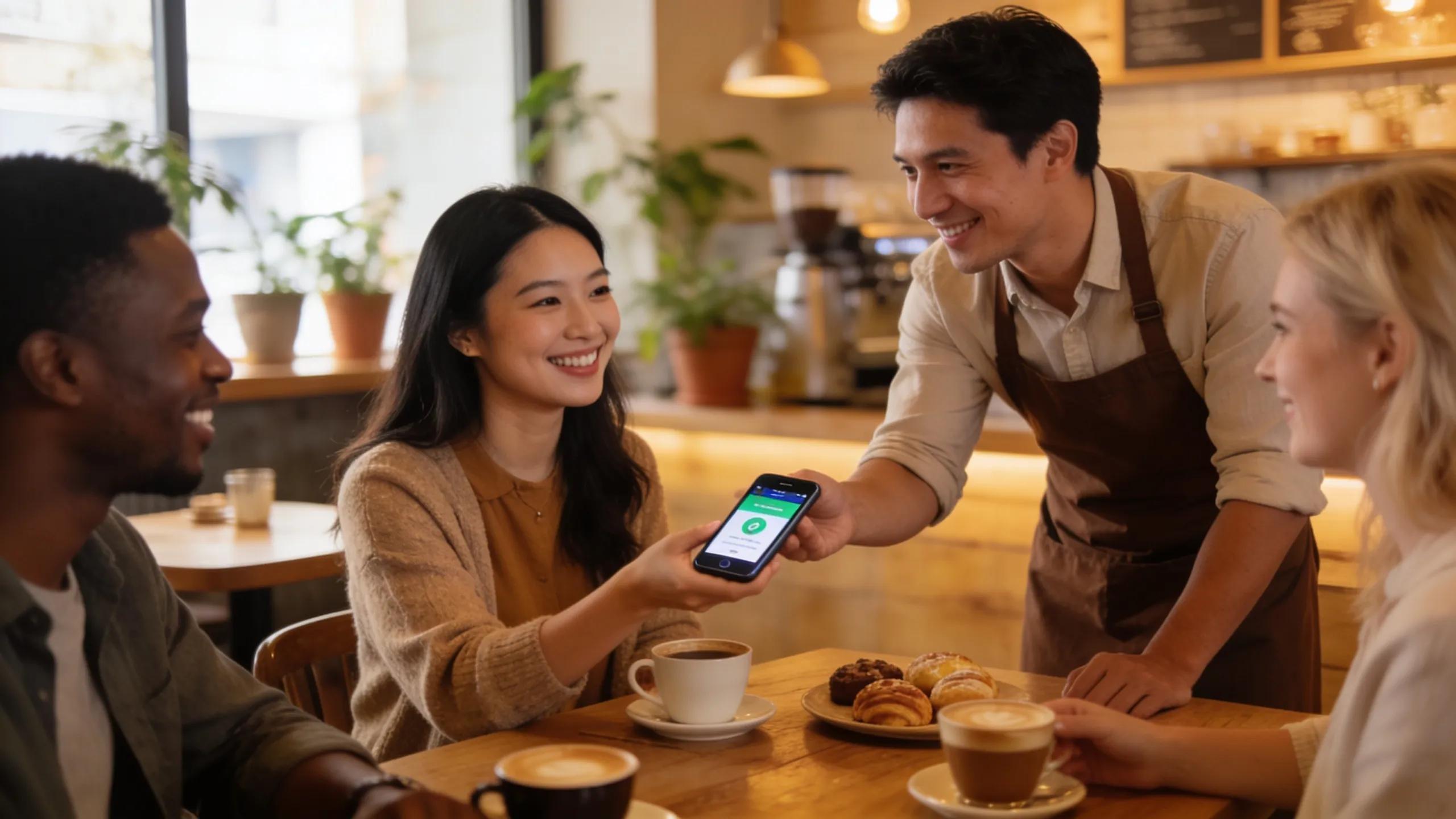 Diverse individuals engaging in a digital payment process in a cozy cafe setting