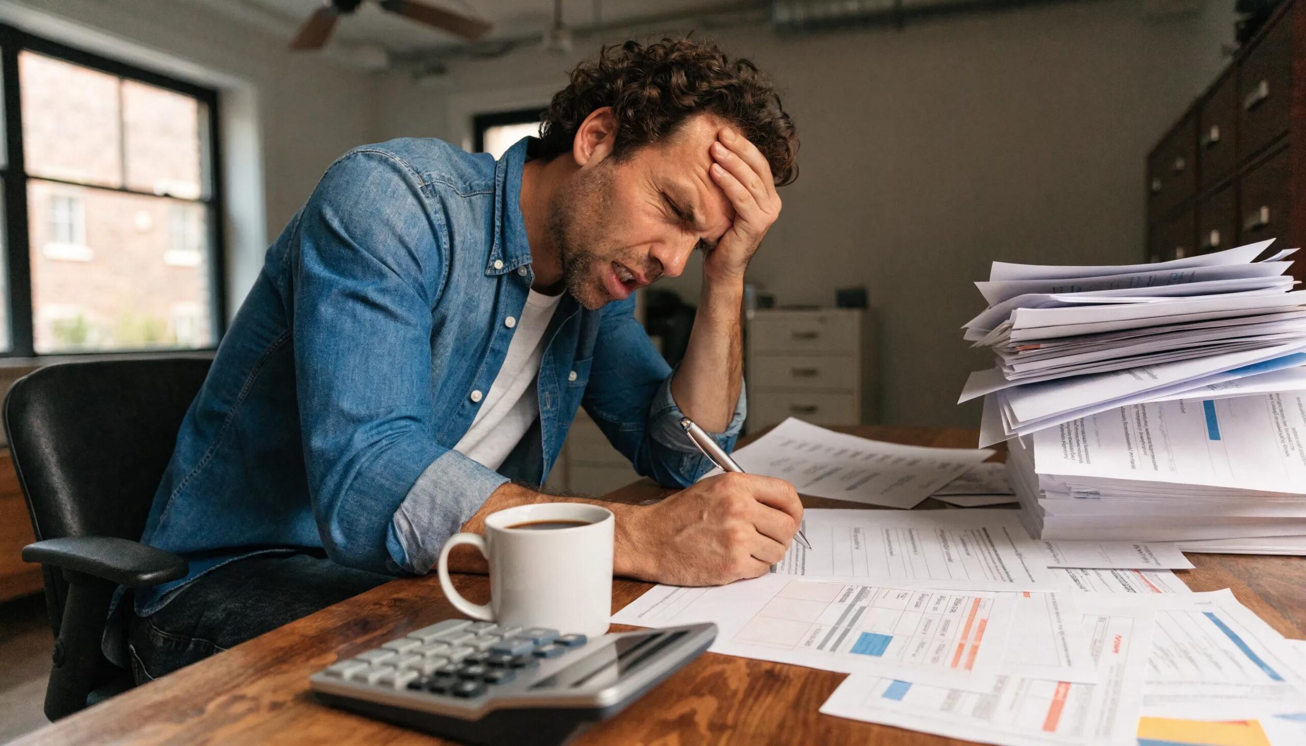 Frustrated business owner examining invoices and statements, highlighting the stress of hidden costs in credit card processing