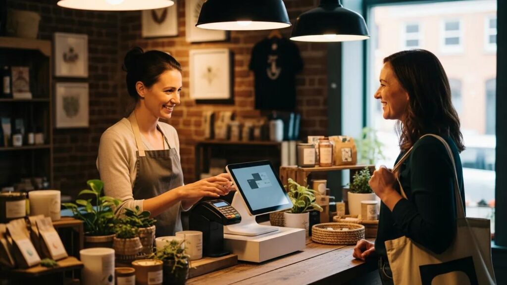 Small business owner processing credit card payment at a cozy shop
