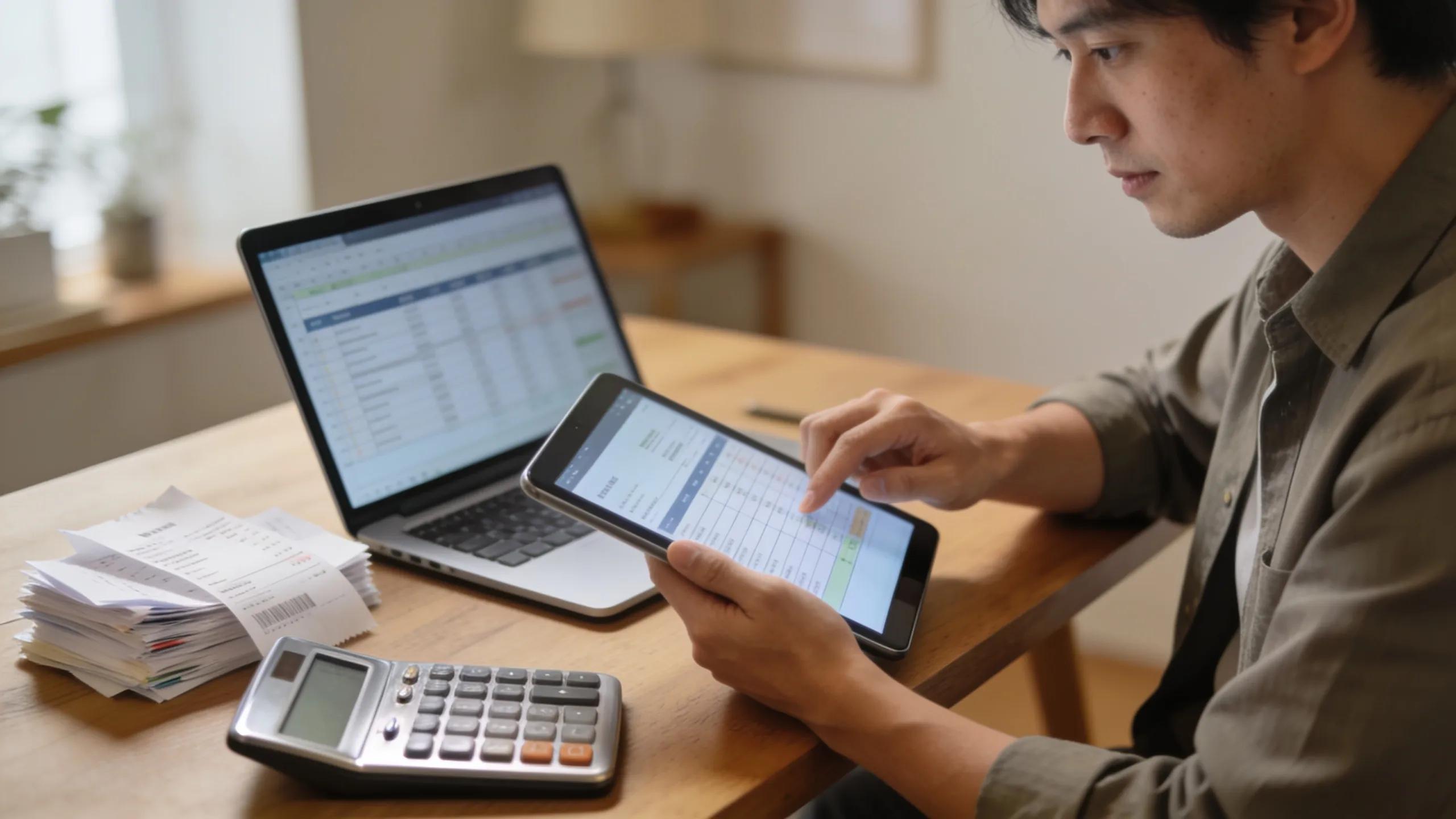 Small business owner reviewing financial records and expenses at a desk