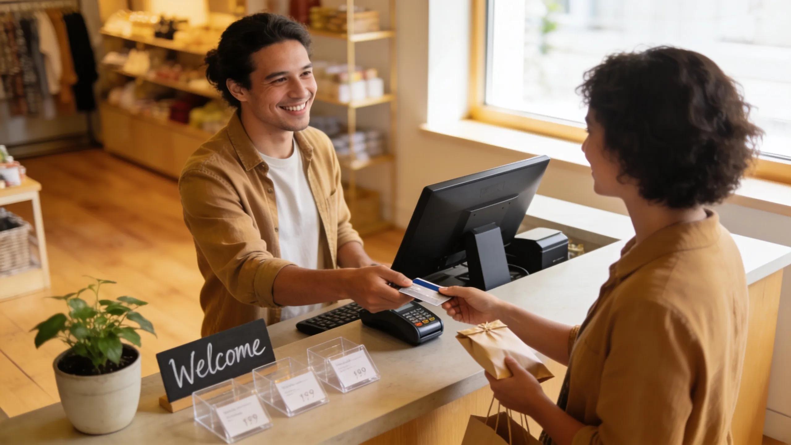 Cozy small business owner processing payments at a bright checkout counter