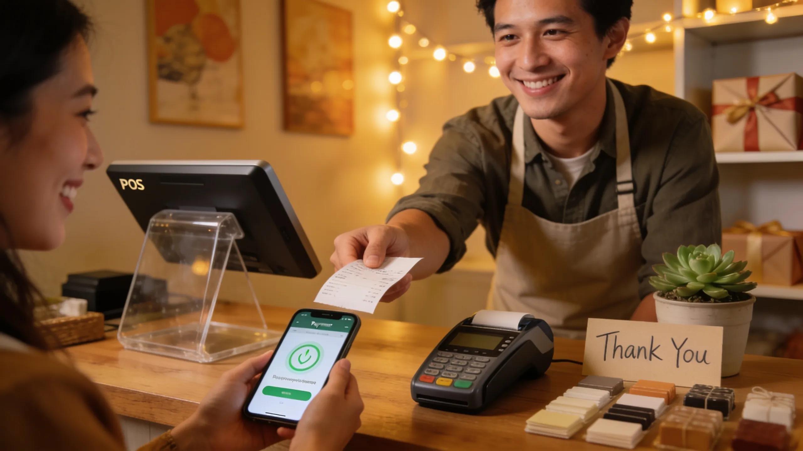 Small business owner and customer engaging in a transparent payment process, enhancing trust and service.