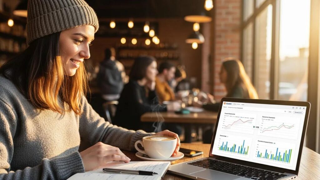 Small business owner reviewing payment processing options in a cozy cafe setting
