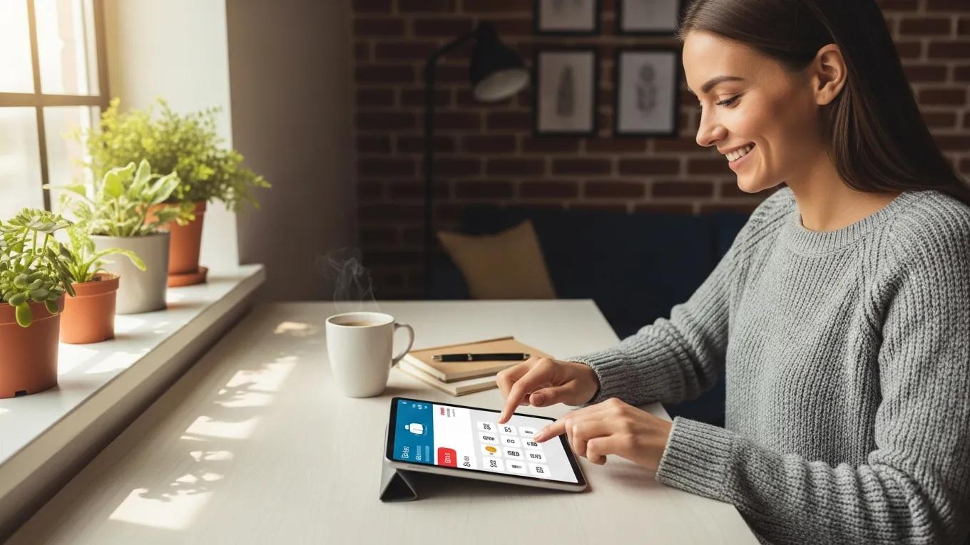 Small business owner using a tablet for flat rate payment processing in a bright workspace
